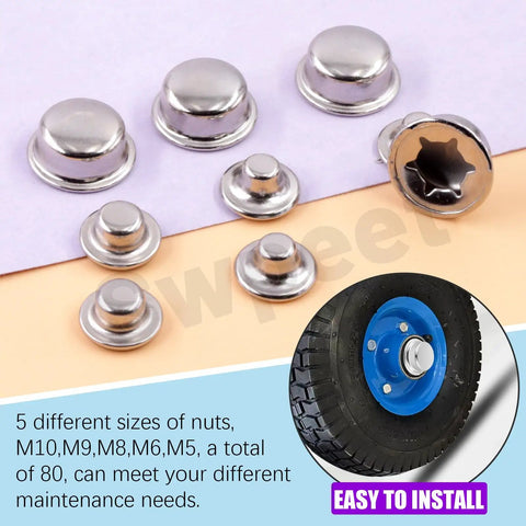 80Pcs M5 M6 M8 M9 M10 Push On Pushnut Cap Stud Kit With Zinc Mechanical Finish and axle cap nuts beside a wheel