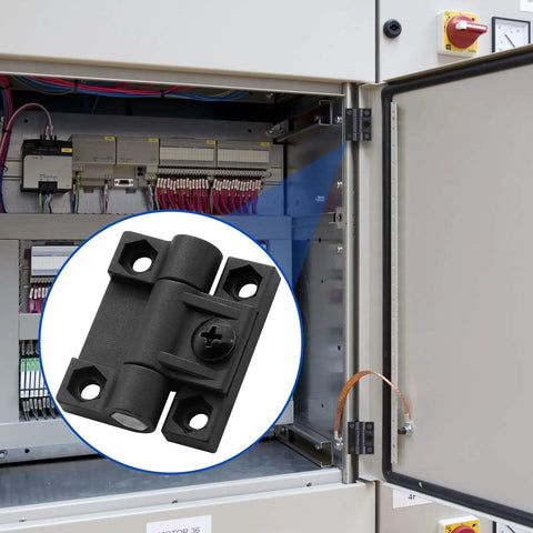 Adjustable Torque Position Control Hinges 2 Pack Black Door Gate And Cabinet Hinges With Screws E6 10 301 20 Durable Plastic Construction Easy Install For Cabinets Doors And Gates installed on an electrical cabinet