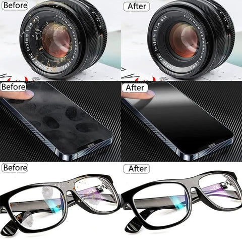 Before and after cleaning with 12 Pack Microfiber Eyeglass Cleaning Cloths 6x7 Inches For Glasses And Screens shown on lens, phone, and glasses.