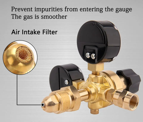 Universal Argon CO2 Gas Regulator with air intake filter and brass body for MIG TIG welding, preventing gauge impurities.