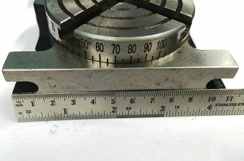 Close-up of the Beefy Three Inch Rotary Milling Table With M6 Clamp Kit showing indexing table with measurement scale and T-slots.
