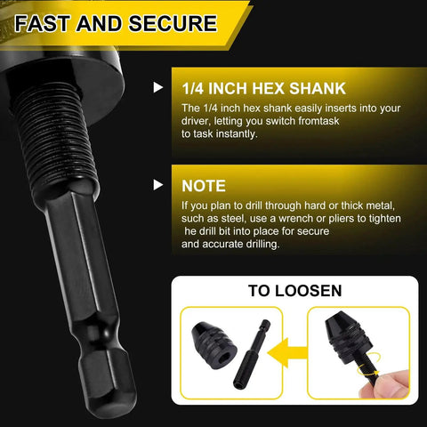 Close-up of a two-piece keyless drill chuck adapter set with 1/4-inch hex shank for impact drivers (Amazon)