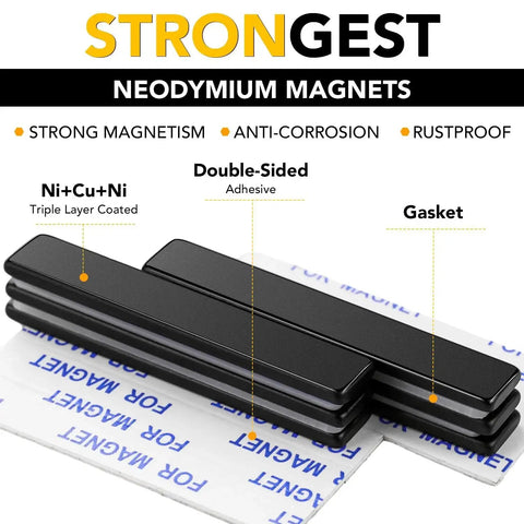 Front view of three black rectangular neodymium magnets with double-sided adhesive backing.