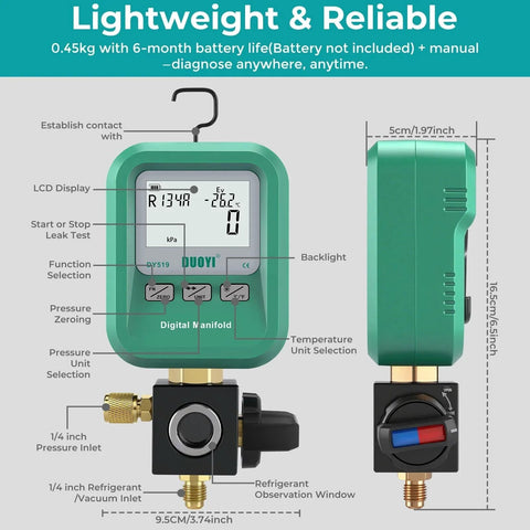 Front and side view of 3 In 1 HVAC Digital Manifold Gauge For Refrigerant Charging Vacuum Testing And Leak Detection NIST Compatible High Precision Pressure Meter For AC Pros And DIYers All In One Tool For Fast And Accurate System Service.