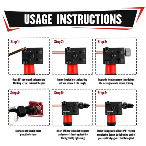 Usage instructions for Brake Line Flaring Kit 7 Pcs For 1/4 And 3/16 Inch Copper Aluminum SAE, showing step-by-step guide.