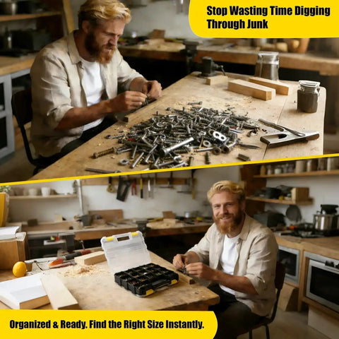Man organizing 1075 Piece Metric Bolts And Nuts Assortment Kit Grade 8.8 in a workshop, comparing scattered bolts to organized kit.