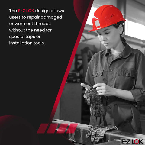 Person in a workshop wearing a red hard hat and gloves, illustrating EZ LOK design benefits for repairing threads.