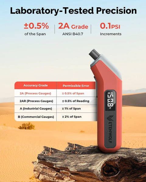 ETENWOLF T300 Plus tire pressure gauge, orange body with bright LED display showing PSI, ETENWOLF logo visible.