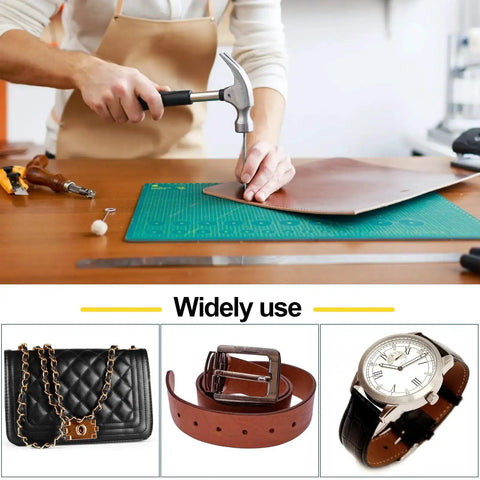 Person using 17 Piece Round Leather Hole Punch Kit 0.5 To 7mm Metal Hollow Punch Tool Set for crafting; various leather items shown.