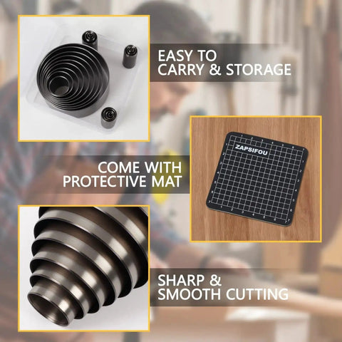 Leather Circle Cutter Tool Set With 21 Sizes From 15 To 55 Mm, shown with protective mat and compact storage