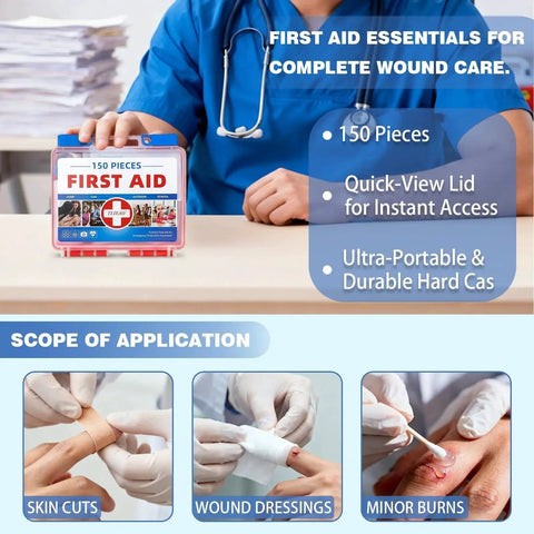 Person holding All In One 150 Piece Emergency First Aid Kit For Home Car Travel Camping Hiking Sports Office And Vehicle Use with features highlighted