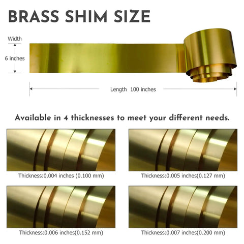 0.004 Inch Brass Shim Stock Roll 6 Inch Wide By 100 Inch Long Half Hard Cold Rolled CDA 260 For Gearheads Hardware DIY Jewelry Crafts And Electrical Work, multiple thickness options displayed.
