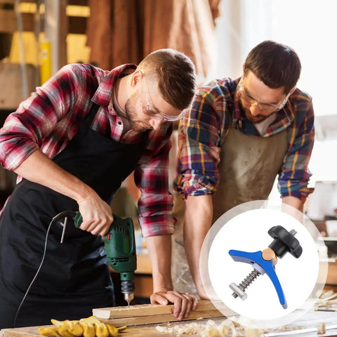 Two men in workshop using Pro Grade Woodworking T Slot Clamp With Hold Down Function Blue T Track Clip For Carpenter Workholding Tools Ideal For T Slot Woodworking Fixtures Rock Solid For Industrial Workshops And Home Garages