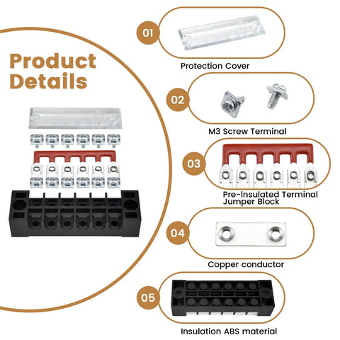 10 Pack 15A Screw Terminal Blocks With Wiring Strips, Dual Row, Covered, 3 4 5 6 8 Position Options, Pre Insulated Jumpers, 600V For Electrical Wiring Connections, Durable ABS Plastic Shell With Dust Cover, components view with protection cover, M3 screw terminal, jumper block, copper conductor, and ABS material highlighted