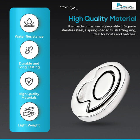 Marine City 2-inch round spring-loaded flush lifting ring, 316-grade stainless steel for boats and hatches.