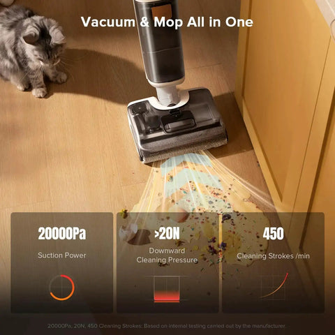 All In One Cordless Vacuum Mop For Hard Floors With 20000Pa Suction Wet Dry Cleaning cleaning dirt on hardwood floor with cat nearby.