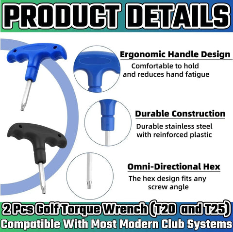 Two golf torque wrenches T20 and T25, blue and black ergonomic handles, stainless steel shafts.
