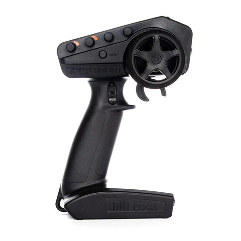 DX3 Smart Three Channel Transmitter With SR315 Receiver, showing foam-covered steering wheel, DSMR tech for RC cars.