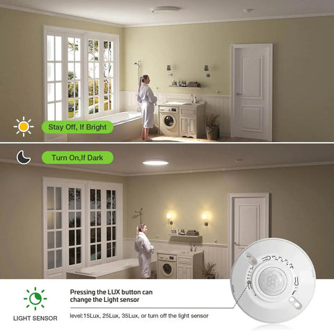 Ceiling Motion Sensor Light Switch With 360 Degree Occupancy Sensor in a laundry room, showing day and night automatic lighting control.