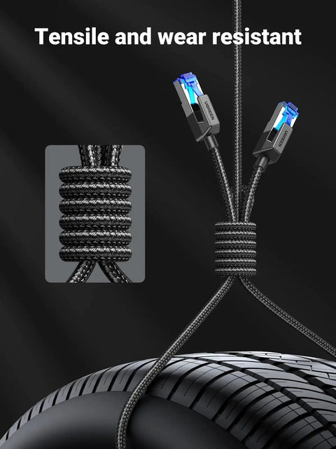 Cat 8 Shielded Braided Ethernet Cable 6ft for Gaming PC PS5 Xbox Modem Router showing tensile strength and wear resistance