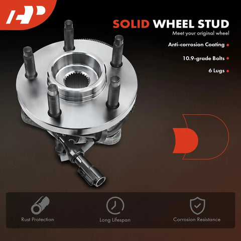 Front Wheel Bearing And Hub Assembly With ABS For Ford Ranger 2000 2002 And Mazda B Series B3000 2001 2002 B4000 2000 2002 4WD 5 Lug Replacement Beefed Up Performance Wheel Hub, top view showing 6 lug bolts and anti-corrosion coating.