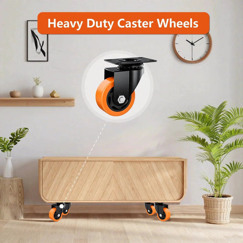 3 Inch Heavy Duty Caster Wheels Set Of 4 In Orange Polyurethane Under Furniture, Swivel Top Plate Castors, Indoor Use