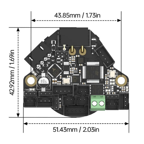 36 Gen2 Extruder Breakout Board With CAN And USB Communication For Nema 14 36mm Stepper Motors, top view with dimensions