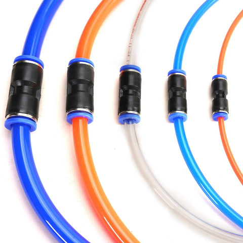 40-piece quick-connect pneumatic hose fittings kit, front view with blue, orange and clear tubes and black collars