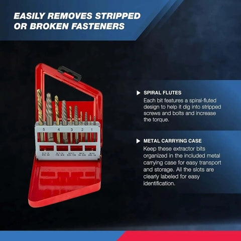 Screw Extractor And Left Hand Drill Bit Set For Stripped Screws And Broken Bolts, HSS M2 Steel Bits with red case displayed