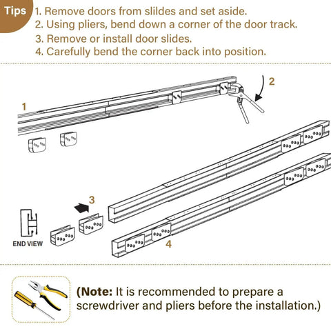 Diagram illustrating installation process for Door Tune Up Kit For Arrow Shed Sliding Doors DK100 A Replacement Parts.