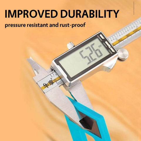 Digital caliper measuring tool with display reads 25.9, highlighting improved durability, pressure resistance, and rust-proof features.