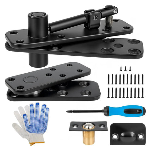 Concealed Door Pivot Hinge Set For Hidden Room And Secret Bookshelf Passage, Heavy Duty Up To 570 Lb Capacity, Smooth Quiet Operation With Included Accessories, Ideal For Commercial And Industrial Use AUNMAS, black steel with tools and gloves