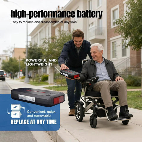 Foldable electric wheelchair side view, black with detachable battery, outdoors, elderly man seated.