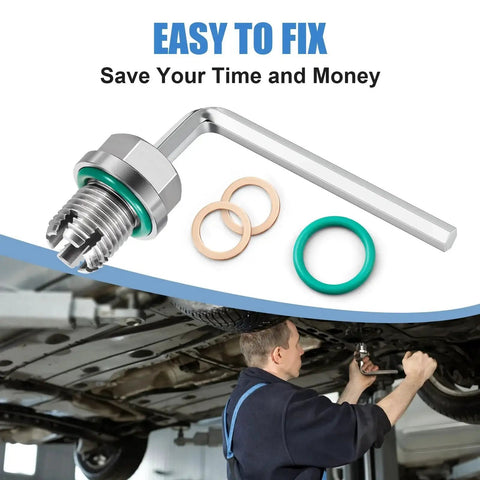 Oil drain plug repair kit, M16.1-1.5x15mm oversize stainless steel with green O-rings and hex key (close-up).