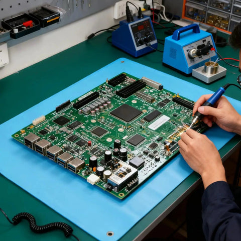 Technician working on a circuit board using Anti Static ESD Mat For Electronics Repair And PC Building, Flexible Thermoplastic Desk Pad.