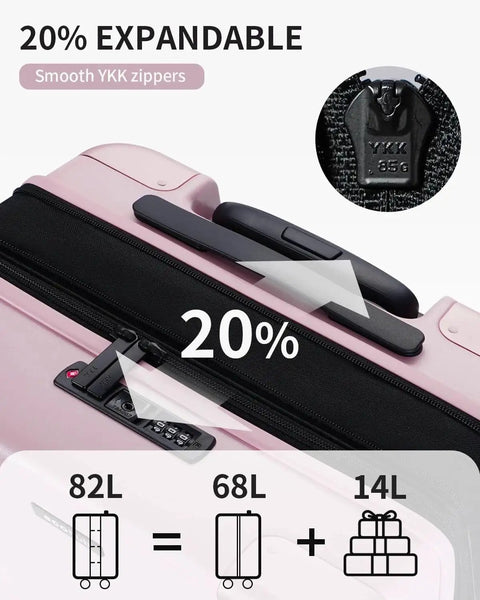 Expandable Hardside Carry-On Luggage From ECOHUB with 20% expansion, pink suitcase zipper and TSA lock, recycled polycarbonate.
