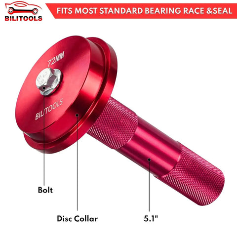 Bearing Press Kit 10 Piece Bearing Race And Seal Driver Set with 72mm dual sided adapter and bolt, close-up view