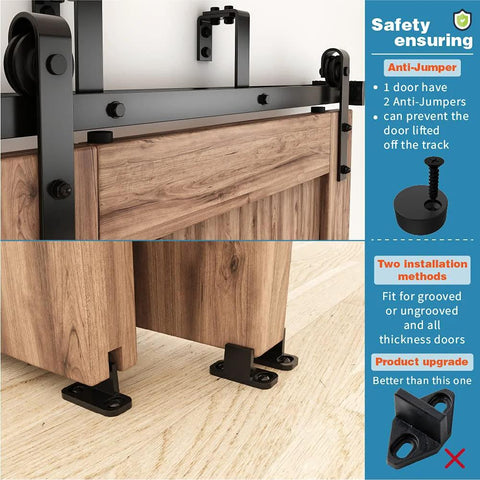Close-up of 13 Foot Double Track Bypass Sliding Barn Door Hardware Kit for Two Doors with J Shape Hangers installed on wooden doors.