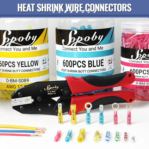 Heat shrink butt wire connectors set with Sopoby crimping tool, red insulated, 22–16 AWG
