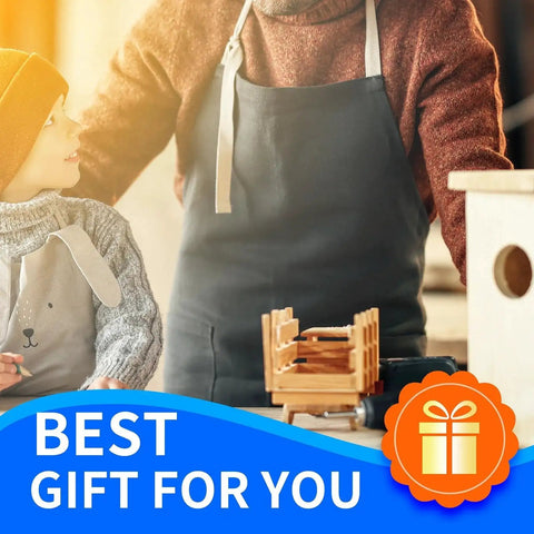 Child and adult wearing aprons working on a woodworking project, with an orange gift icon and 'Best Gift For You' text.