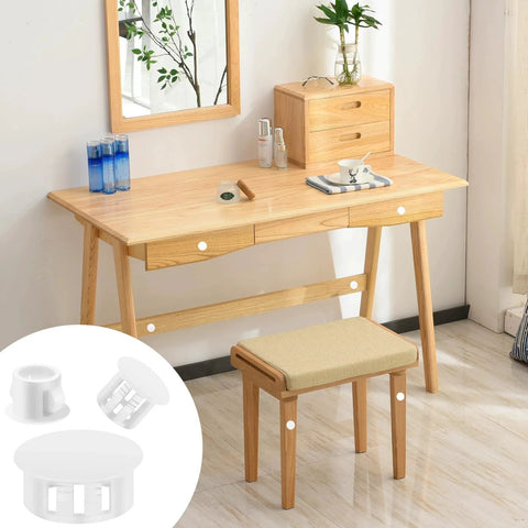 Desk with 200 Piece White Nylon Hole Plug Set With Nine Sizes From One Fifth Inch To One Inch For Cabinets And Furniture Sealing