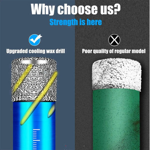 Comparison of upgraded cooling wax drill and regular model from 9 Piece Dry Diamond Drill Bits Set Pro Grade For Glass Ceramic Tile Granite Quartz Stone 6mm To 12mm Core Drill Kit Dry Drilling Bits For Precise Crack Free Holes And Fast Cutting In Porcelain And Marble.