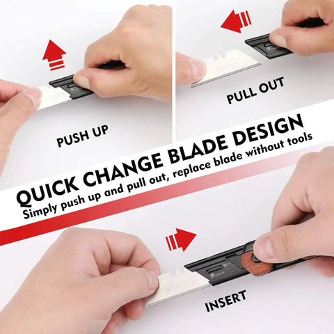 Hands demonstrate quick change blade feature of 2-In-1 Folding Utility Knife With Quick Change Blades Belt Clip Liner Lock