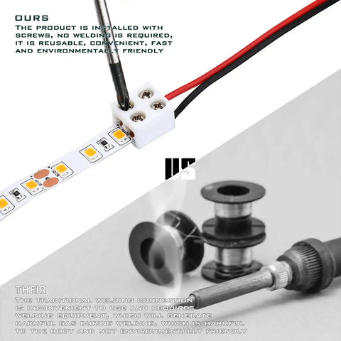 Comparison of 25 Pack 2 Pin 8mm LED Tape Light Connectors With Screwdriver No Solder Needed versus traditional welding method.
