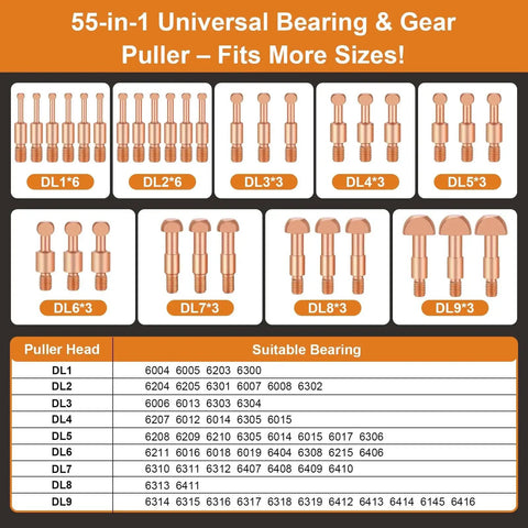 55-in-1 universal bearing puller sets and sizing chart, compatible with various bearings for automotive and industrial use