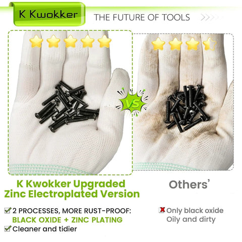 Comparison of K Kwokker zinc electroplated screws and standard screws on gloves, highlighting rust-proofing benefits.