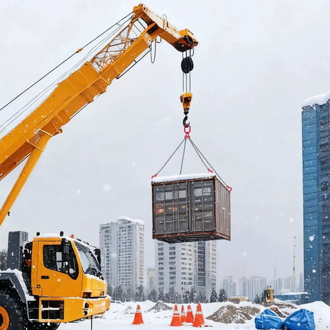 Four-leg steel chain sling with red hooks lifting a shipping container at a snowy construction site from a yellow crane
