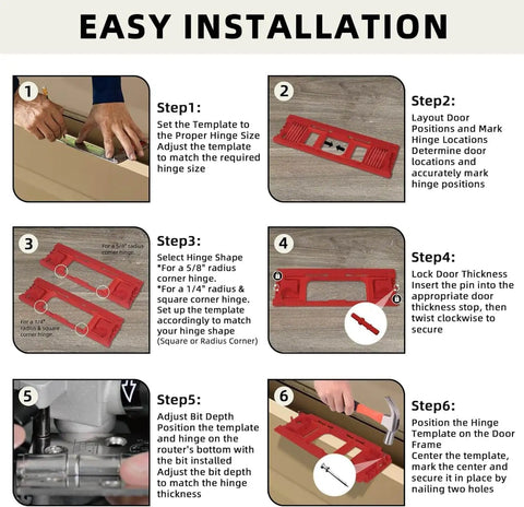 Instructions for using upgraded door jamb hinge jig with red finish and adjustable guides, demonstrating precise hinge installation.
