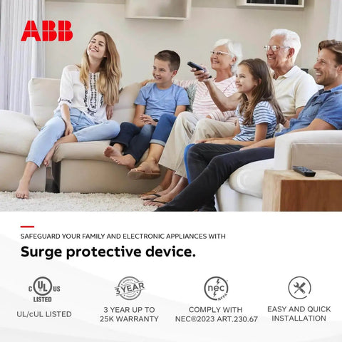 Family relaxing, SurgePro protective device ensures electronics safety, 3-year warranty, UL listed, complies with NEC 230.67.