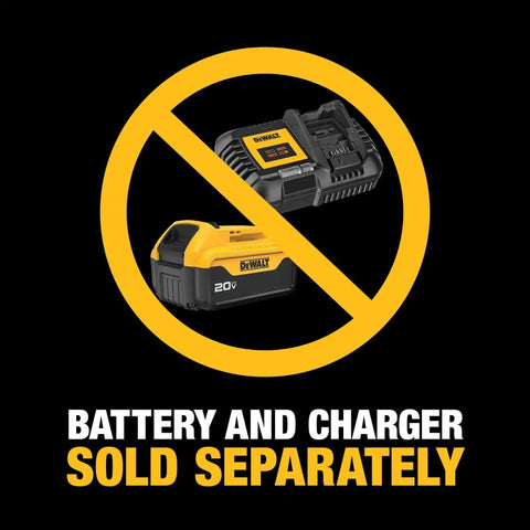 Image of a Dewalt battery and charger inside a prohibition circle, with text 'Battery and Charger Sold Separately.'